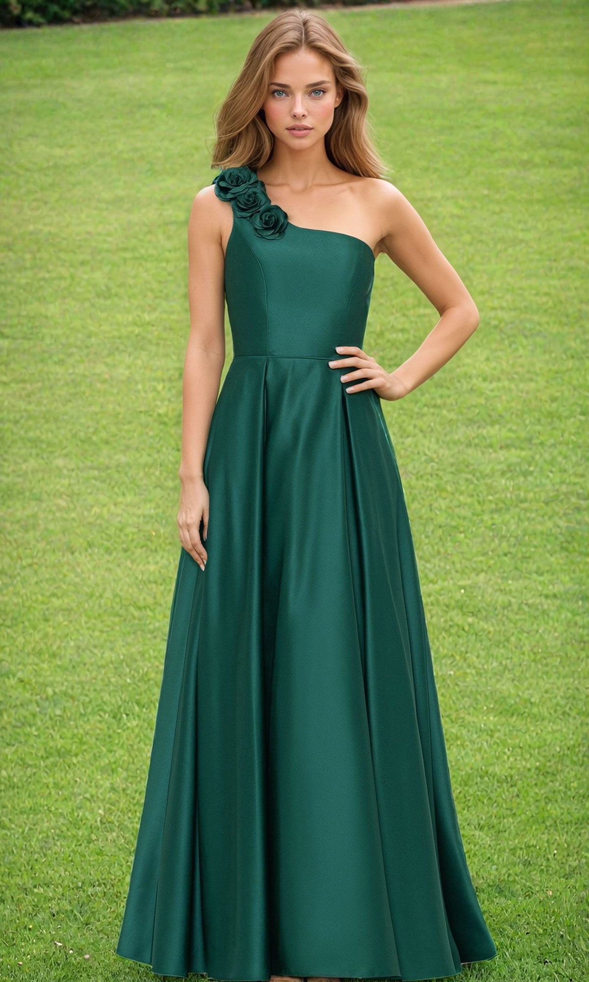 A woman stands on grass wearing the Hunter Green One-Shoulder Long Prom Dress 4600BN, featuring floral detailing on the strap—a stunning a-line gown ideal for any special occasion.